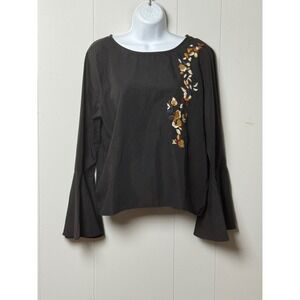 Cliche Womens Black Floral Embroidered Bell Sleeve Blouse Bow Back Neck Sz Large